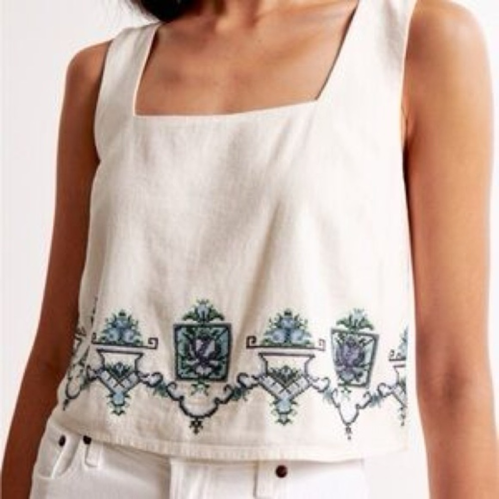 NEW Abercrombie Fitch Embroidered Linen Tank Top Women’s Size XL